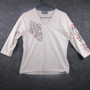 Get Lucky‎ Shirt Womens Medium White Rhinestone Cross V Neck 3/4 Sleeve Top